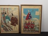 two framed paintings of a man and a woman on a horse