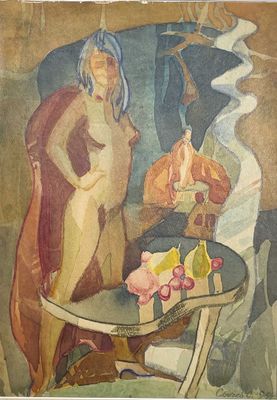 un tableau représentant une femme assise à une table devant une assiette de fruits