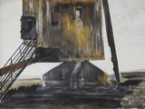 a painting of a windmill with a man walking up it