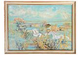 painting of two white horses in a field by a body of water