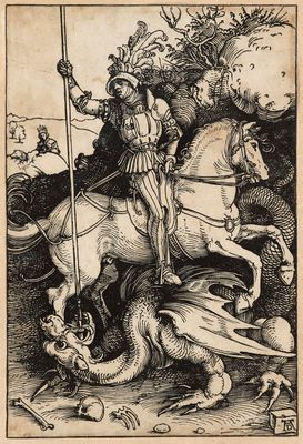 un vieux dessin en noir et blanc représentant un homme à cheval avec un dragon