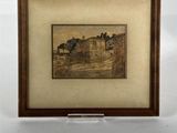 une vieille photo représentant une peinture d'une maison, dans un cadre en bois