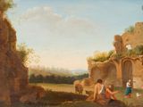 tableau représentant deux hommes et une femme assis dans un champ