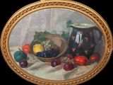 an oil painting of a bowl of fruit and a pitcher on a table