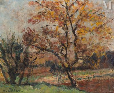 une image d'une peinture représentant un arbre dans un champ