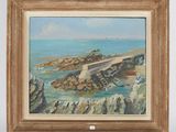 an image of a painting of a bridge over a body of water