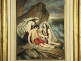 une image représentant un tableau où l'on voit une femme et deux hommes assis sur un rocher