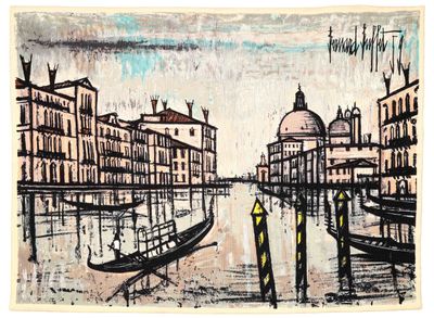 a picture of a painting of a canal with gondolas on it