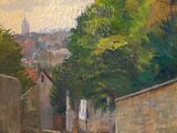une peinture à l'huile représentant une rue d'une petite ville bordée d'arbres