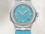 an image of a blue watch with roman numerals on the face