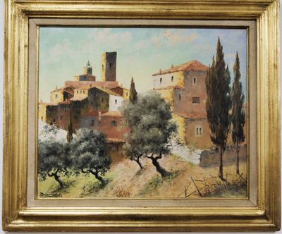 une image représentant un tableau d'un village avec des arbres au premier plan