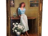 une image représentant un tableau où l'on voit une femme debout à côté d'un vase de fleurs