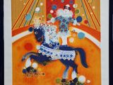 painting of a clown riding a horse in a circus ring