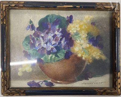 painting of purple and yellow flowers in a brown vase