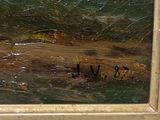 a picture of a painting of a man and a dog in the water