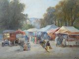un tableau représentant un marché de rue où des gens se promènent