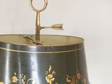 a lamp that is on top of a wooden stand