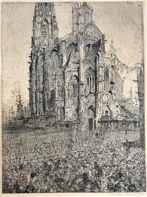 an image of a drawing of a church with a crowd in front of it