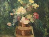une peinture à l'huile représentant un vase de fleurs sur une table