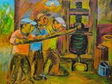 tableau représentant un groupe d'hommes travaillant dans une usine avec un gros marteau