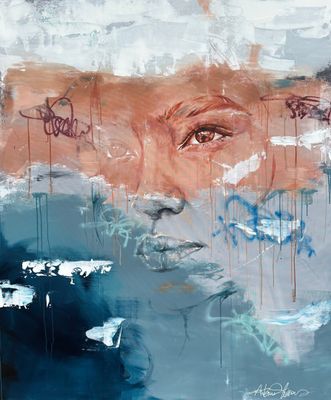 abstract painting of a woman ' s face with graffiti on it