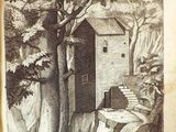 an old book with a drawing of a house in the woods