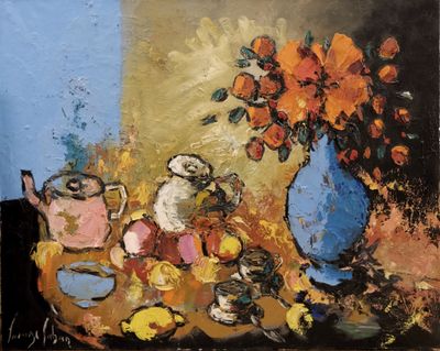 un tableau représentant un vase avec des fleurs et des fruits posé sur une table