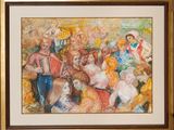painting of a group of people sitting on a couch in a living room