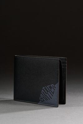 a black leather wallet with a logo on the front