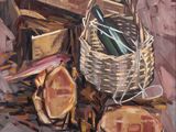 a painting of a basket and other items on a table