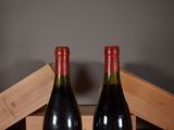 two bottles of wine sitting on top of a wooden crate