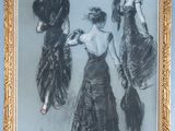tableau représentant trois femmes en robe de soirée, dans un cadre doré