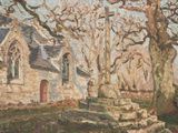 une peinture à l'huile représentant une église avec un arbre au premier plan