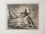 une image représentant un dessin d'un sphinx devant une pyramide