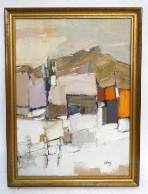 une peinture à l'huile représentant une ville avec des bâtiments en arrière-plan