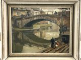 an oil painting of a bridge over a river with people walking on it