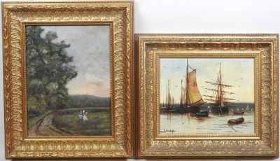 deux tableaux encadrés représentant des bateaux sur une rivière, avec des arbres en arrière-plan