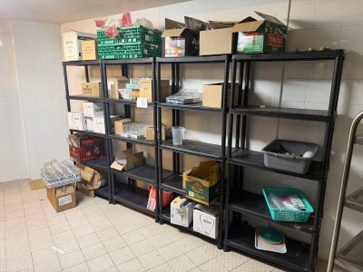 many boxes and boxes on the shelves in the room