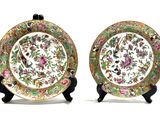 pair of chinese famille plates with flowers and birds