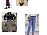 four different pictures of a woman in a dress, jacket, skirt, and boots