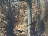 a picture of a painting of a man walking in the woods
