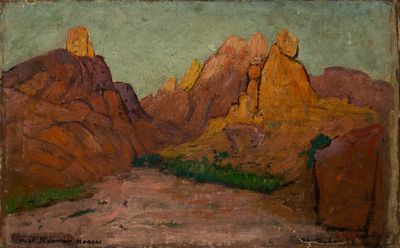 une image représentant un tableau représentant une scène désertique avec des montagnes en arrière-plan