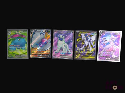four different types of pokemon cards on a black background