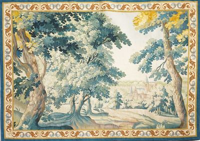 painting of a landscape with trees and a castle in the distance