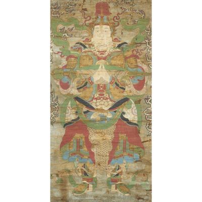 an oriental rug with a woman and birds on it