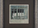 framed picture of a painting of a storefront with a little boy sitting outside
