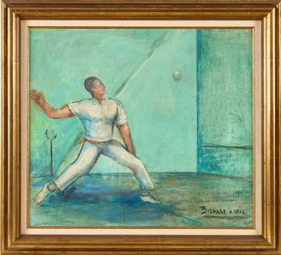 une peinture à l'huile représentant un homme en chemise blanche en train de lancer une balle de baseball