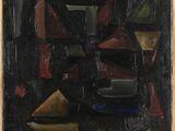 an image of a painting of a black, red, yellow, and green geometric design