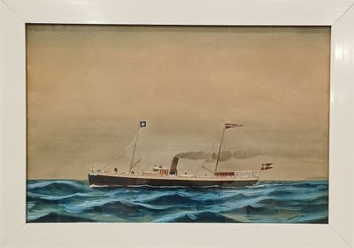 tableau représentant un grand bateau en pleine mer, d'où s'échappe de la fumée