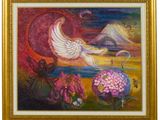 an oil painting of a white bird flying over a field of flowers